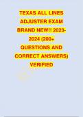 TEXAS ALL LINES ADJUSTER EXAM 2023 2024 LATEST UPDATED 200 QUESTIONS AND ANSWERS